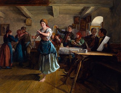 Åbningsdansen. Scene på en cafe tegner servitricen, der ser glad og barfodet ud, et dansetrin med en tom karaffel i hånden. Omkring hende klirrer kunder i glas, der hæver deres krus øl, til helbred for et par, der af Ferdinand Georg Waldmuller