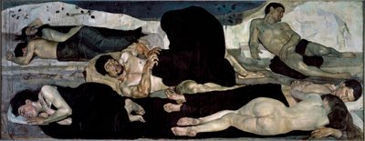 Om natten Gruppe af nøgne sovende, en af dem midt i et mareridt af Ferdinand Hodler