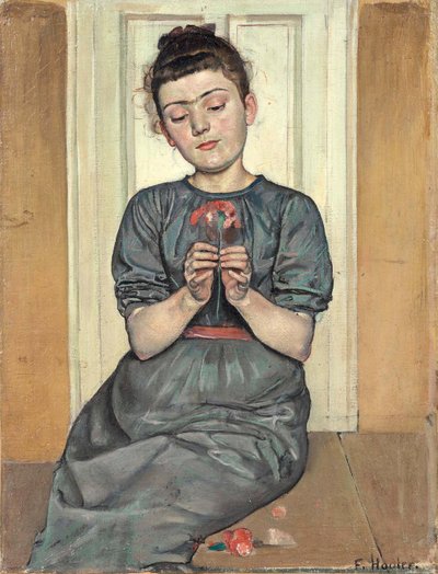 Pige arrangerer blomster Pige med nelliker, ca. 1886 af Ferdinand Hodler