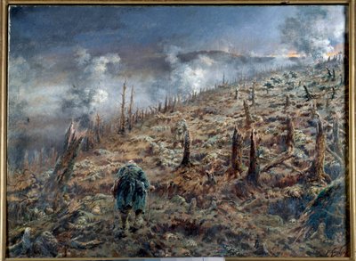 Første Verdenskrig (1914-1918): “Dødens kløft i Verdun” Landskab af ruiner og aske efter slaget. Maleri af Ferdinand Joseph Gueldry (1858-1945) 1916 Paris. Museum for de to verdenskrige af Ferdinand Joseph Gueldry
