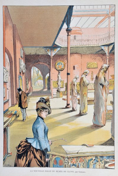 Det nye rum i middelaldermuseet i Cluny i Paris 1887, af Ferdinand Joseph GUELDRY (1858-1945) Indgravering fra 1887 i "Paris-Illustrous journal weekly" af Ferdinand Joseph Gueldry