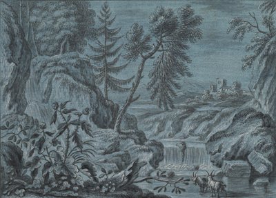 Sydligt landskab med vandfald og geder, slutningen af 1700-tallet. af Ferdinand Kobell.