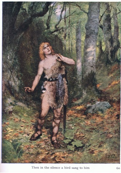 I stilheden sang en fugl for ham, illustration fra The Stories of Wagners Operas udgivet af George Harrap & Co Ltd. 1932 af Ferdinand Lecke