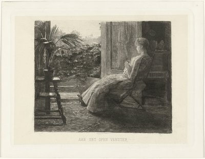 Ung kvinde, broderer, ved det åbne vindue I det åbne vindue (titel på objekt) af Ferdinand Oldewelt