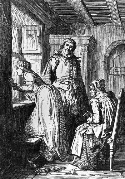 Klaerchen venter på Egmont, illustration til Egmont, tragedie af Johann Wolfgang von Goethe (1749-1832), træsnit efter tegning af Ferdinand Rothbart (1823-1899) af Ferdinand Rothbart