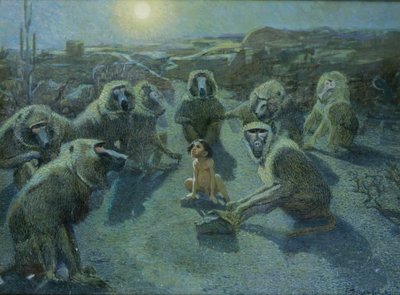 Mowgli fanget af aber (olie og blæk på lærred) af Ferdinand Schebek