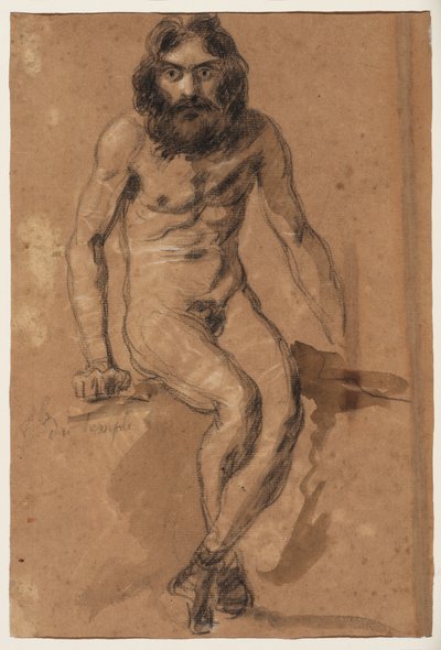 Løbende heste (recto); Nøgen, skægget mand, siddende (verso), ca. 1800-1899 (sort og hvidt kridt (recto), sort og hvidt kridt og brun lakering (verso), på brunt, præpareret papir) af Ferdinand Victor Eugene (after) Delacroix