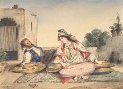 Et maurisk par på deres terrasse, 1832 (wc over grafit på vævet papir) af Ferdinand Victor Eugene Delacroix