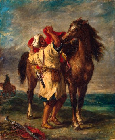 En marokkaner sadler sin hest, 1855. af Ferdinand Victor Eugene Delacroix