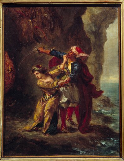 Abydos forlovede. (The Bride of Abydos) Illustration af George Gordon Byrons bog kendt som Lord Byron (1788-1824) "The Bride of Abydos"", sang II Strophe XXIII. Maleri af Eugene Delacroix (1798-1863) af Ferdinand Victor Eugene Delacroix