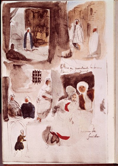 Album fra Nordafrika og Spanien: Gader, vægge og butikker med figurer stående eller siddende inklusive Smirnes mand. Akvarel med blæk og pen af Eugene Delacroix (1798-1863) 1832 Søn. 0,19x0,12 m Paris, musee du Louvre af Ferdinand Victor Eugene Delacroix