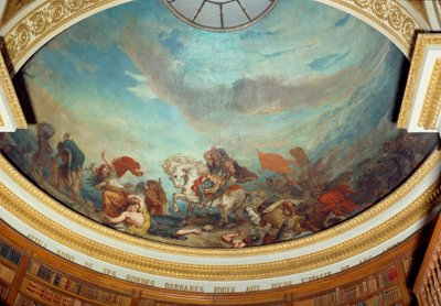 Attila (395-453) leder af Huns-stammen, efterfulgt af hans barbariske horder overfyldte Italien i 452 Fresco af Eugene Delacroix (1798-1863) dekorerede kuplen på Nationalforsamlingens bibliotek (Palais Bourbon) 1843 Paris af Ferdinand Victor Eugene Delacroix