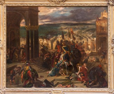 Croisernes fange af Konstantinopel, maleri af Eugene Delacroix (1798-1863), der viser den historiske begivenhed den 12. april 1204, under det 4. korstog, reduceret version og variant af maleriet af Salonen fra 1841, bestilt af Louis Philippe for af Ferdinand Victor Eugene Delacroix
