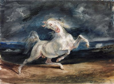 Cheval effraye par la foudre - Hest skræmt af lynet - Delacroix, Eugene (1798-1863) - 1825-1829 - Akvarel, Gouache på papir - 23,6x32 - Szepmuveszeti Muzeum, Budapest af Ferdinand Victor Eugene Delacroix