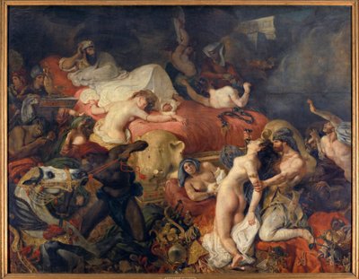 Sardanapales død. Sardanapale, assyrisk konge, der blev belejret af oprør, fik sine koner og heste slagtet, før han dræbte sig selv. Maleri af Eugene Delacroix (1798-1863) af Ferdinand Victor Eugene Delacroix