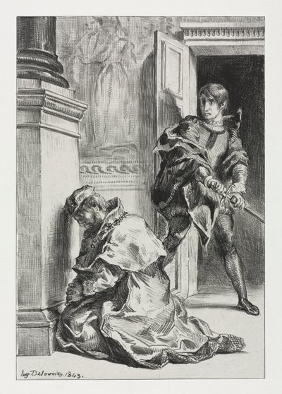 Hamlet: Hamlet forsøger at dræbe kongen, 1843. af Ferdinand Victor Eugene Delacroix
