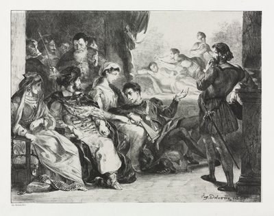 Hamlet: Hamlet befaler skuespillerne at lave en scene fra hans fars forgiftning, 1834. af Ferdinand Victor Eugene Delacroix