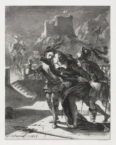 Hamlet: Hamlet skynder sig at følge sin fars spøgelse, 1835. af Ferdinand Victor Eugene Delacroix