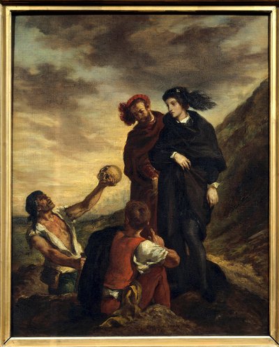 Hamlet og Horatio på kirkegården Illustration til V. akt af William Shakespeares værk "Hamlet" (1564-1616). Maleri (Vanite) af Eugene Delacroix (1798-1863) 1839 Dim. 0,81 x 0,65 m Paris. Louvre-museet af Ferdinand Victor Eugene Delacroix