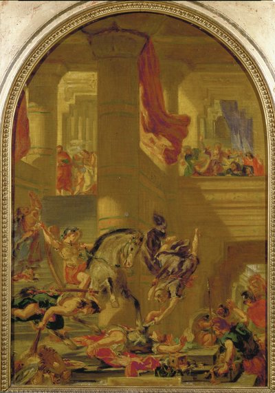 Heliodoros bortvist fra templet efter at have forsøgt at konfiskere templets skat (vægmaleri) af Ferdinand Victor Eugene Delacroix