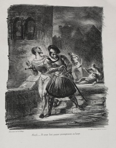 Illustrationer til Faust: Mephistopheles og Faust flygter efter duellen, 1828. af Ferdinand Victor Eugene Delacroix
