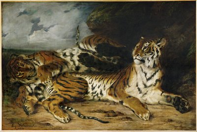 Ung tiger leger med sin mor ... af Ferdinand Victor Eugene Delacroix