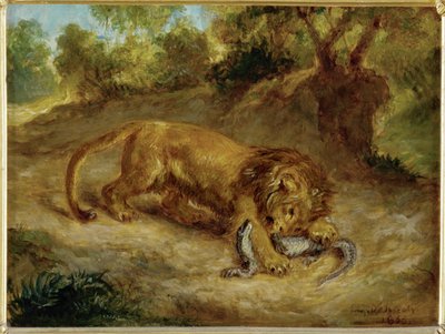 Løve og cayman... af Ferdinand Victor Eugene Delacroix