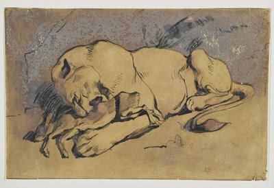 Løvinde fortærer en kanin (pen og blæk med rødlig vask på brunt papir) af Ferdinand Victor Eugene Delacroix