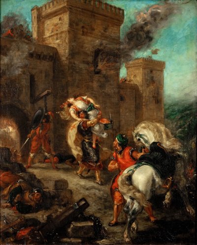 Rebecca voldtaget af en tempelridder under plyndringen af slottet Frondeboeuf af Ferdinand Victor Eugene Delacroix