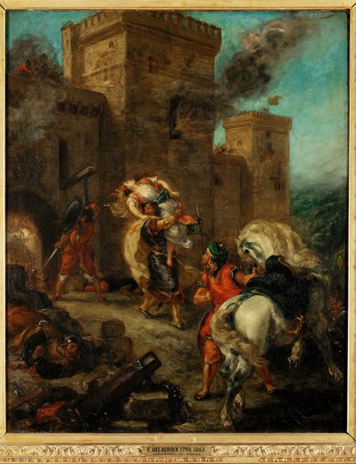 Rebecca kidnappet af en tempelridder under plyndringen af slottet Frondeboeuf - Rebecca voldtaget af en tempelridder under ... af Ferdinand Victor Eugene Delacroix