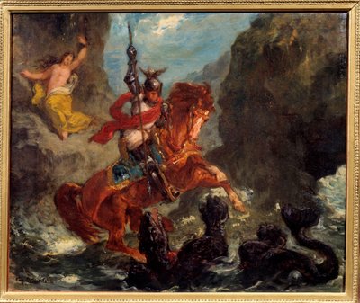 Roger delivrant Angelique (Angelica) leveret til et monster af pirater bliver befriet af Roger (Ruggero, Ruggiero) rider på en hippogriffe - Illustration til "The Furious Roland"" (Orlando Furioso) af Ludovic Ariosto (Arioste) - Maleri af Eugene Delacroix  af Ferdinand Victor Eugene Delacroix