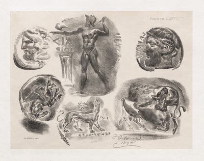Ark med seks antikke mønter, 1825. af Ferdinand Victor Eugene Delacroix