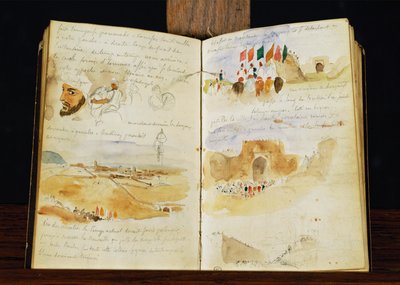 Skitser af arabere, landskaber i Marokko, arabiske folkemængder, porten til Meknes og håndskrevne noter ... af Ferdinand Victor Eugene Delacroix