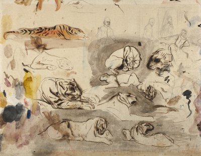 Skitser af tigre og mænd i 1500-tals dragt, 1828-29 af Ferdinand Victor Eugene Delacroix