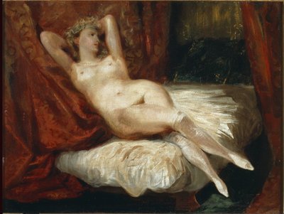 Undersøgelse af nøgen kvinde liggende på en sofa sagde kvinden med hvide strømper - olie på lærred af Ferdinand Victor Eugene Delacroix