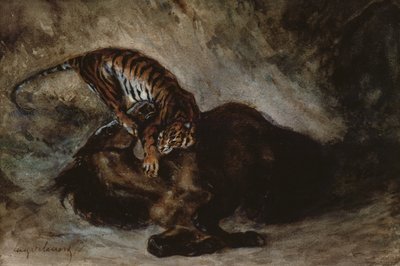 Tiger angriber en hest (wc på papir) af Ferdinand Victor Eugene Delacroix