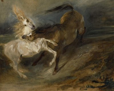 To heste, der kæmper i et stormfuldt landskab, ca. 1828 af Ferdinand Victor Eugene Delacroix
