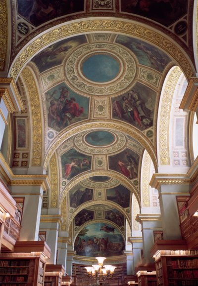 Udsigt over biblioteksloftet med forgyldt stuk ramme omkring spænder, der illustrerer bibelske og klassiske scener, 1844 af Ferdinand Victor Eugene Delacroix
