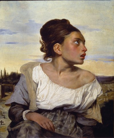 Ung forældreløs på kirkegården - olie på lærred af Ferdinand Victor Eugene Delacroix