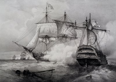 Kamp mellem amerikansk skib med 74 kanoner og britisk fregat, litografi af Ferdinand Perrot af Ferdinand Victor Perrot
