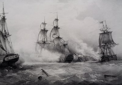 Kamp mellem britiske og amerikanske tredjerangs sejlskibe med 74 kanoner, litografi af Ferdinand Perrot af Ferdinand Victor Perrot