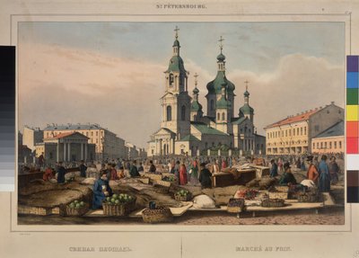 Hay Market og Cathedral of the Assumption of the God Mother, i Sankt Petersborg. Værk af Ferdinand Victor Perrot (1808-1841), litografi og akvarel på papir af Ferdinand Victor Perrot