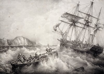 Redning af besætningen på bretonsk fiskerbåd af det svenske skib Le Neptune, Litografi af Ferdinand Perrot af Ferdinand Victor Perrot