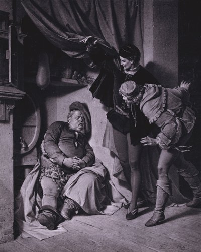 Scene fra Shakespeares Kong Henrik IV, del 1 (akt II, scene 4) (litho) af Ferdinand the Elder Piloty