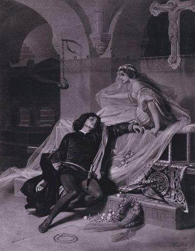 Scene fra Shakespeares Romeo og Julie (V. akt, scene 3) (litho) af Ferdinand the Elder Piloty