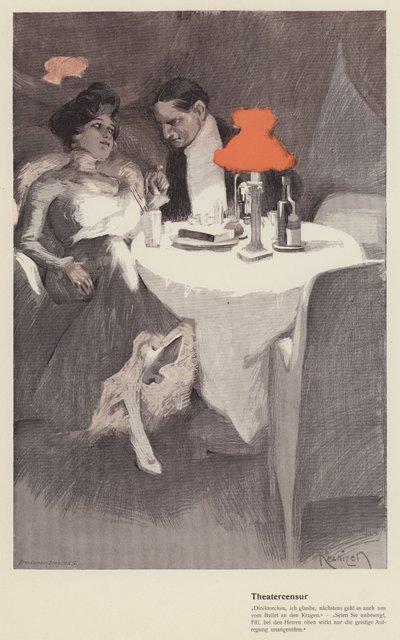 Samtale mellem en teaterinstruktør og en skuespillerinde på en cafe (farve litho) af Ferdinand von Reznicek