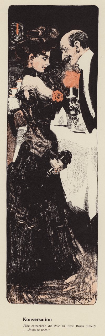 Mand chatter med en ung kvinde (farve litho) af Ferdinand von Reznicek