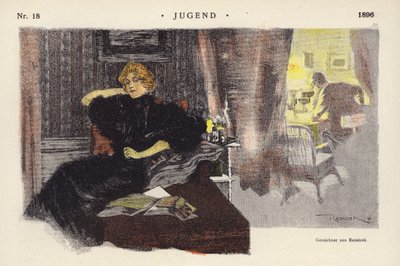 Kvinde hjemme om aftenen (farve litho) af Ferdinand von Reznicek