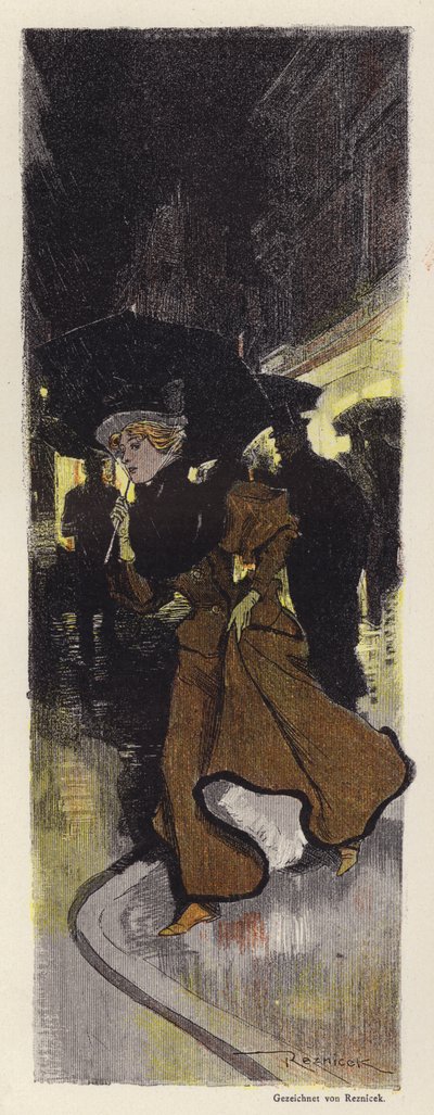 Kvinde går på en regnfuld gade om natten (farve litho) af Ferdinand von Reznicek