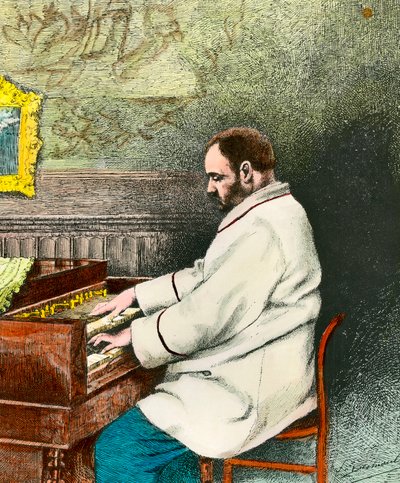 Portræt af Emile Zola (1840-1902), der spiller orgel. Stik af Desmoulin (1800-tallet). Saml. Gå ud. af Fernand Desmoulin